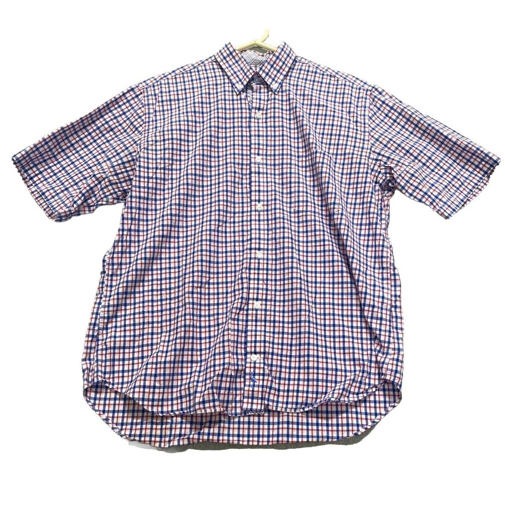 Tailorbyrd Collection Shirt Mens Lg Red White Blu Plaid Short Sleeve Button Down